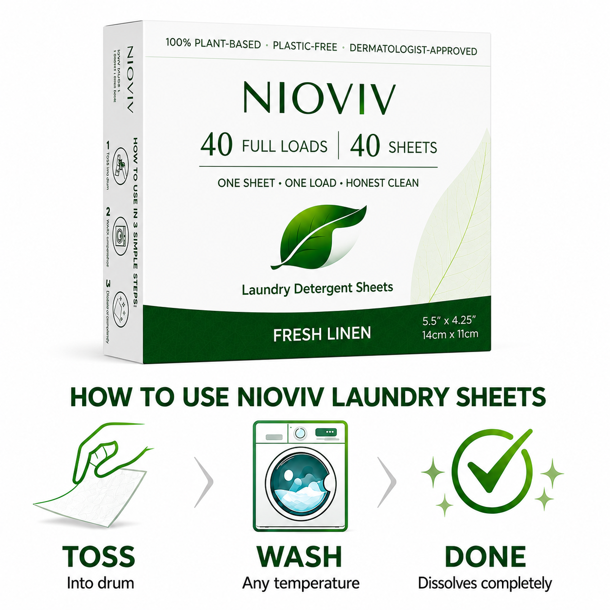 How to use Nioviv laundry sheets: toss into drum, wash any temperature, dissolves completely