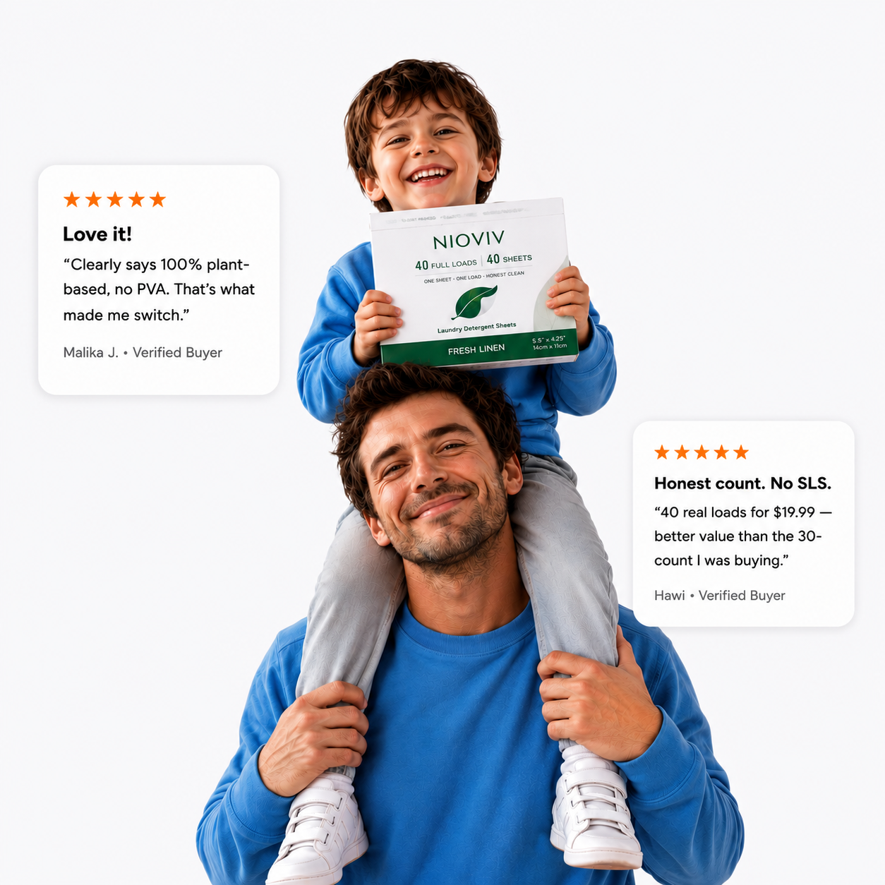 Father and son holding a Nioviv Fresh Linen 40-load box, beside verified buyer reviews